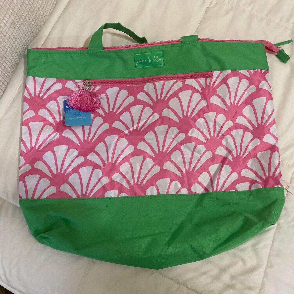NWT Large Pink White & Green Beach Bag Tote w Zipper 20” X 16” X 5.5”
